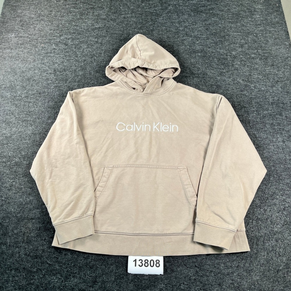 Calvin Klein Hoodie Mens M Beige Cotton Relaxed Fit Embroidered Logo Pullover